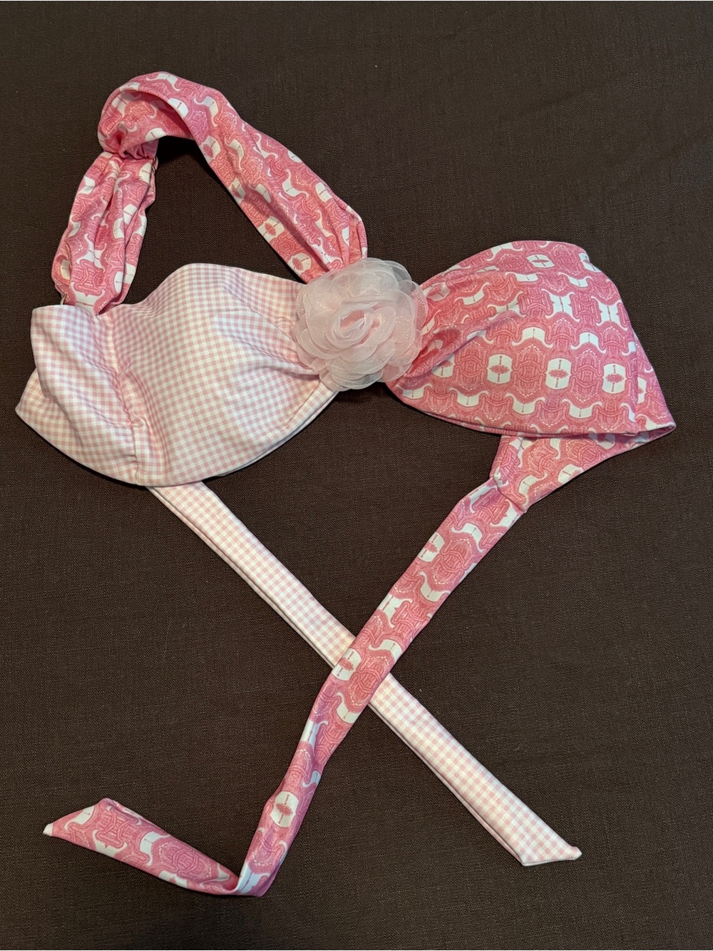 Strawberry Milk Mob Pink Gingham & Floral Bow Headband with White Rosette